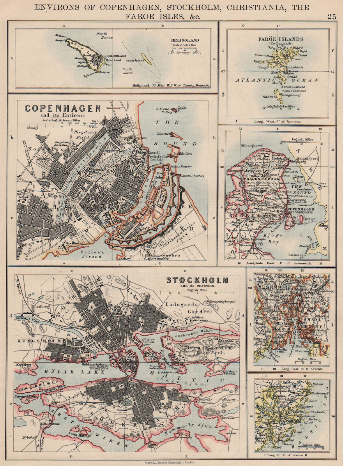 SCANDINAVIAN CITIES. Copenhagen Stockholm Oslo Christiania.JOHNSTON 1895 map